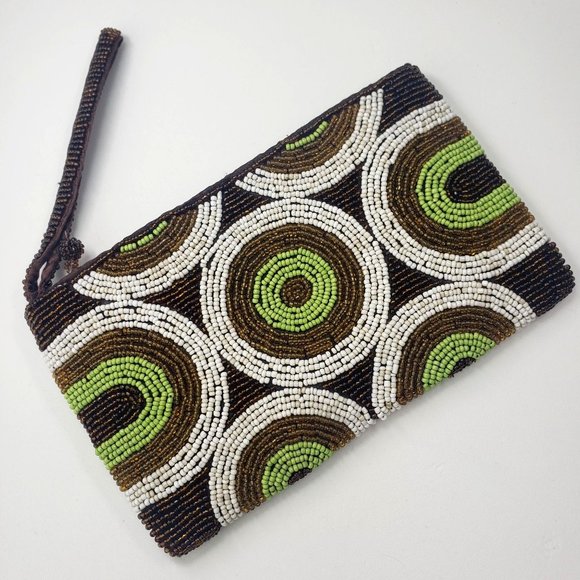Vintage beaded zip clutch Retro brown, green, white circle motif handbag wallet - Picture 1 of 14